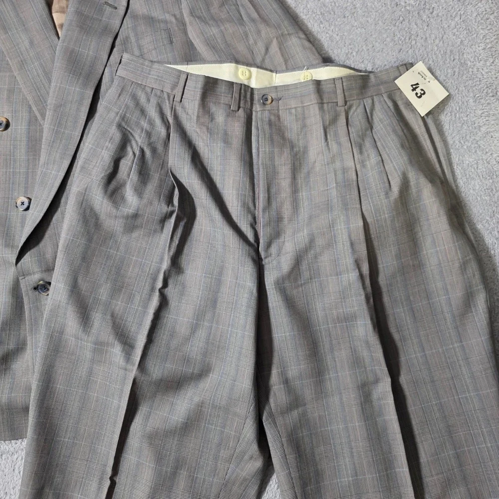 Perry Ellis Mens 43R 36x37 Suit Grey Glen Plaid Double Breasted Wool Vintage
